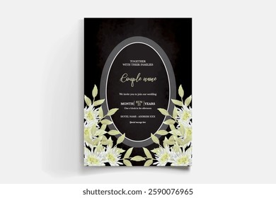 WEDDING INVITATION FRAME WITH FLOWER DECORATIONS AND FRESH LEAVES 