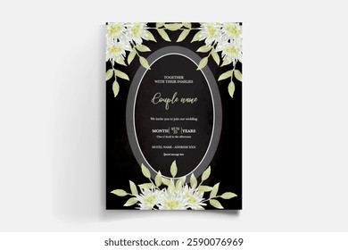 WEDDING INVITATION FRAME WITH FLOWER DECORATIONS AND FRESH LEAVES 