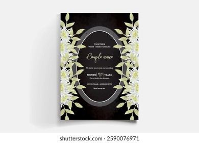 WEDDING INVITATION FRAME WITH FLOWER DECORATIONS AND FRESH LEAVES 