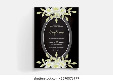 WEDDING INVITATION FRAME WITH FLOWER DECORATIONS AND FRESH LEAVES 