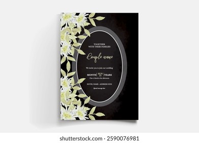WEDDING INVITATION FRAME WITH FLOWER DECORATIONS AND FRESH LEAVES 
