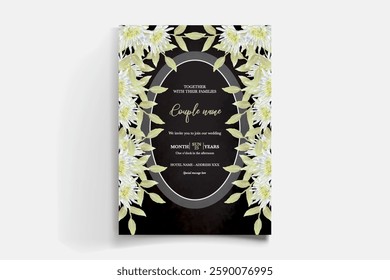 WEDDING INVITATION FRAME WITH FLOWER DECORATIONS AND FRESH LEAVES 