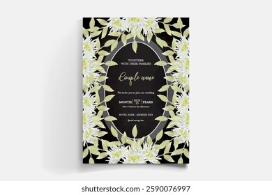 WEDDING INVITATION FRAME WITH FLOWER DECORATIONS AND FRESH LEAVES 