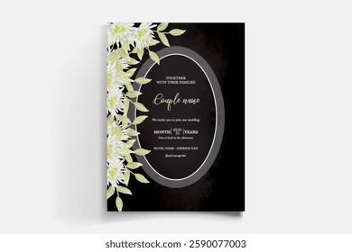 WEDDING INVITATION FRAME WITH FLOWER DECORATIONS AND FRESH LEAVES 