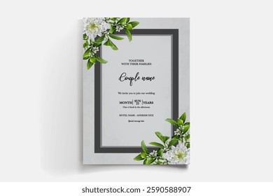WEDDING INVITATION FRAME WITH FLOWER DECORATIONS AND FRESH LEAVES