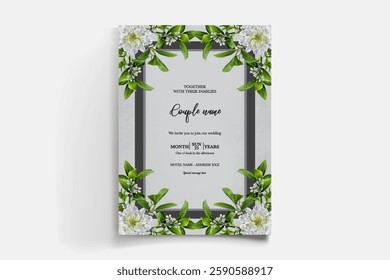 WEDDING INVITATION FRAME WITH FLOWER DECORATIONS AND FRESH LEAVES