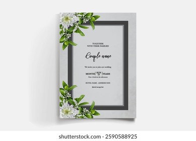 WEDDING INVITATION FRAME WITH FLOWER DECORATIONS AND FRESH LEAVES