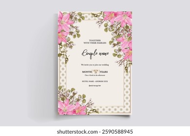 WEDDING INVITATION FRAME WITH FLOWER DECORATIONS AND FRESH LEAVES