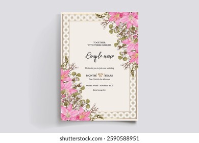 WEDDING INVITATION FRAME WITH FLOWER DECORATIONS AND FRESH LEAVES