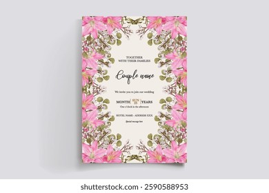 WEDDING INVITATION FRAME WITH FLOWER DECORATIONS AND FRESH LEAVES