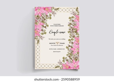 WEDDING INVITATION FRAME WITH FLOWER DECORATIONS AND FRESH LEAVES