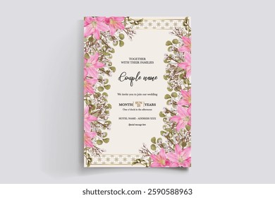 WEDDING INVITATION FRAME WITH FLOWER DECORATIONS AND FRESH LEAVES