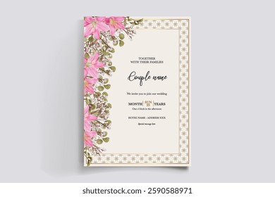 WEDDING INVITATION FRAME WITH FLOWER DECORATIONS AND FRESH LEAVES