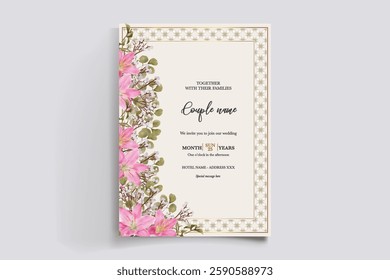 WEDDING INVITATION FRAME WITH FLOWER DECORATIONS AND FRESH LEAVES