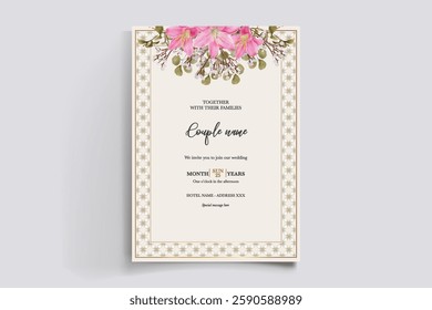 WEDDING INVITATION FRAME WITH FLOWER DECORATIONS AND FRESH LEAVES