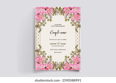 WEDDING INVITATION FRAME WITH FLOWER DECORATIONS AND FRESH LEAVES