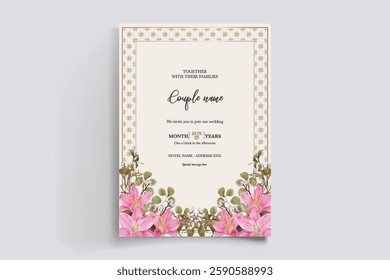 WEDDING INVITATION FRAME WITH FLOWER DECORATIONS AND FRESH LEAVES