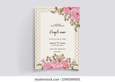 WEDDING INVITATION FRAME WITH FLOWER DECORATIONS AND FRESH LEAVES
