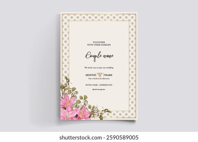 WEDDING INVITATION FRAME WITH FLOWER DECORATIONS AND FRESH LEAVES
