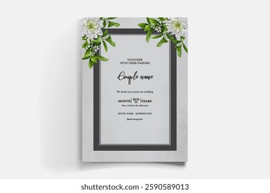 WEDDING INVITATION FRAME WITH FLOWER DECORATIONS AND FRESH LEAVES