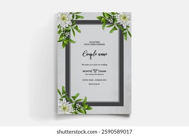 WEDDING INVITATION FRAME WITH FLOWER DECORATIONS AND FRESH LEAVES