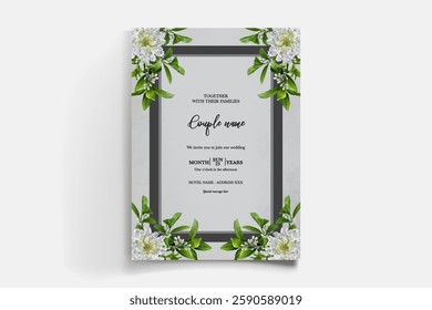 WEDDING INVITATION FRAME WITH FLOWER DECORATIONS AND FRESH LEAVES