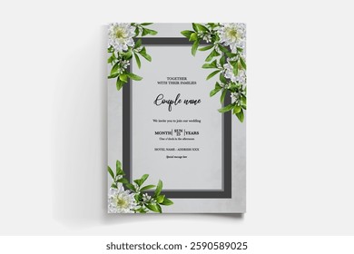 WEDDING INVITATION FRAME WITH FLOWER DECORATIONS AND FRESH LEAVES