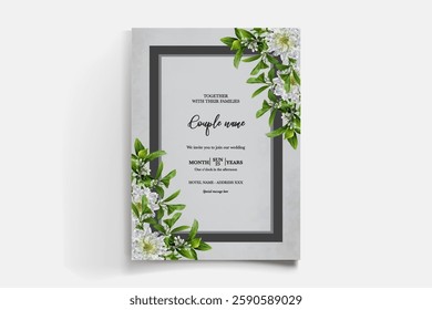 WEDDING INVITATION FRAME WITH FLOWER DECORATIONS AND FRESH LEAVES