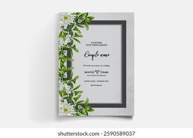 WEDDING INVITATION FRAME WITH FLOWER DECORATIONS AND FRESH LEAVES