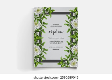 WEDDING INVITATION FRAME WITH FLOWER DECORATIONS AND FRESH LEAVES
