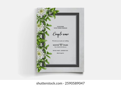 WEDDING INVITATION FRAME WITH FLOWER DECORATIONS AND FRESH LEAVES