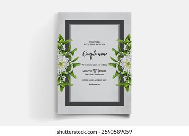 WEDDING INVITATION FRAME WITH FLOWER DECORATIONS AND FRESH LEAVES