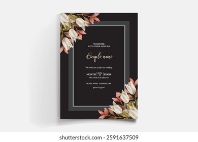 WEDDING INVITATION FRAME WITH FLOWER DECORATIONS AND FRESH LEAVES