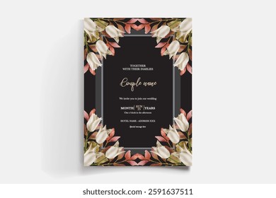WEDDING INVITATION FRAME WITH FLOWER DECORATIONS AND FRESH LEAVES