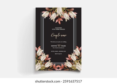 WEDDING INVITATION FRAME WITH FLOWER DECORATIONS AND FRESH LEAVES