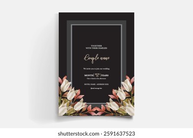 WEDDING INVITATION FRAME WITH FLOWER DECORATIONS AND FRESH LEAVES