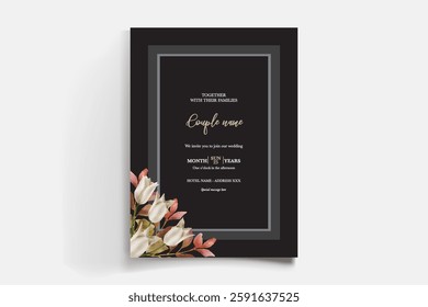 WEDDING INVITATION FRAME WITH FLOWER DECORATIONS AND FRESH LEAVES