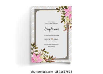 WEDDING INVITATION FRAME WITH FLOWER DECORATIONS AND FRESH LEAVES