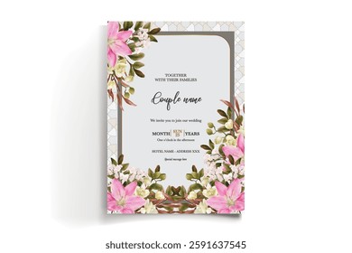WEDDING INVITATION FRAME WITH FLOWER DECORATIONS AND FRESH LEAVES