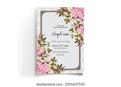 WEDDING INVITATION FRAME WITH FLOWER DECORATIONS AND FRESH LEAVES