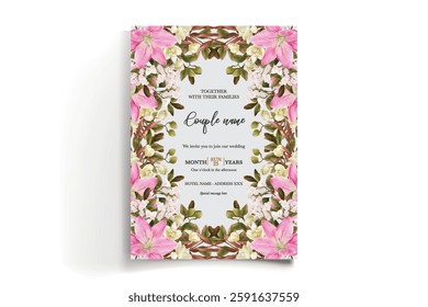 WEDDING INVITATION FRAME WITH FLOWER DECORATIONS AND FRESH LEAVES