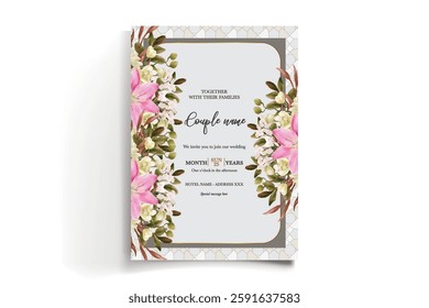 WEDDING INVITATION FRAME WITH FLOWER DECORATIONS AND FRESH LEAVES