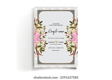 WEDDING INVITATION FRAME WITH FLOWER DECORATIONS AND FRESH LEAVES