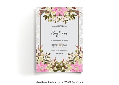 WEDDING INVITATION FRAME WITH FLOWER DECORATIONS AND FRESH LEAVES