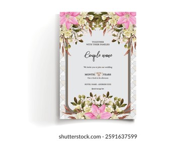 WEDDING INVITATION FRAME WITH FLOWER DECORATIONS AND FRESH LEAVES