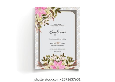 WEDDING INVITATION FRAME WITH FLOWER DECORATIONS AND FRESH LEAVES
