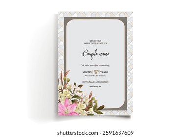 WEDDING INVITATION FRAME WITH FLOWER DECORATIONS AND FRESH LEAVES