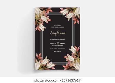 WEDDING INVITATION FRAME WITH FLOWER DECORATIONS AND FRESH LEAVES
