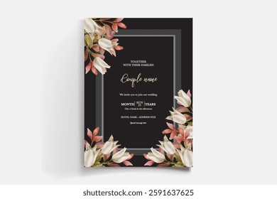 WEDDING INVITATION FRAME WITH FLOWER DECORATIONS AND FRESH LEAVES