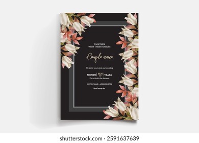 WEDDING INVITATION FRAME WITH FLOWER DECORATIONS AND FRESH LEAVES
